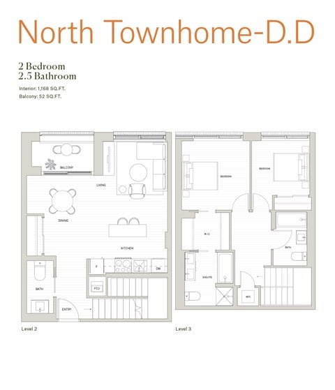 Floor plan for 2 beds, 2.5 baths, 1168 sqft